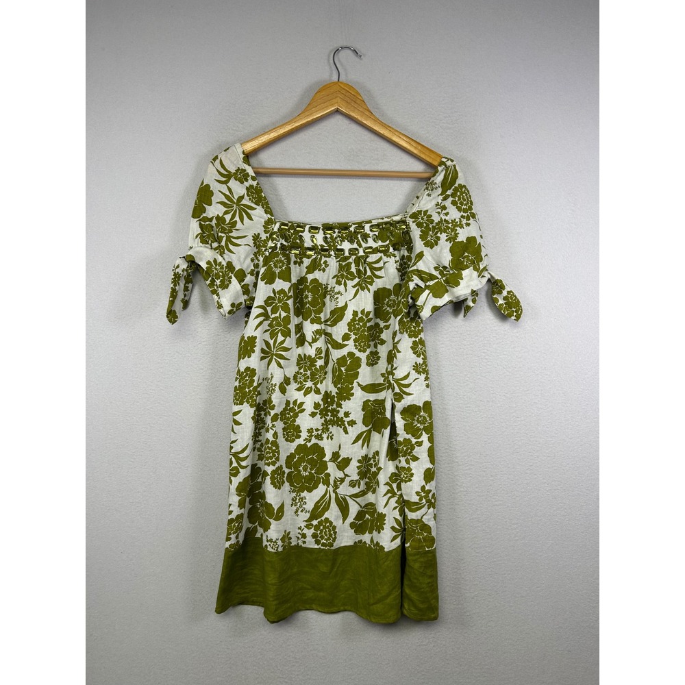 Cottagecore Alexandra Bartlett Womens Size M Green Floral 100% Linen Mini Dress